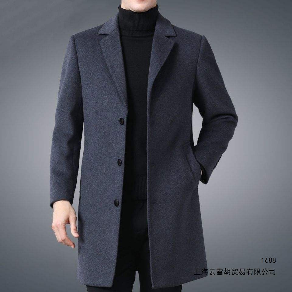 新款聚酯毛呢大衣春秋中长款西服领中年毛呢外套男士大衣50到60岁