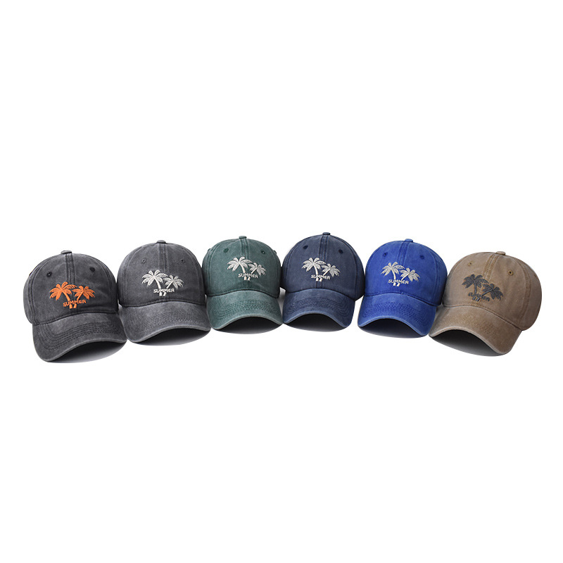 Algodón transfronterizo de árbol de coco gorra de béisbol de dibujos animados lavada gorra de béisbol bordada Comercio exterior europeo y americano lavada gorra de pico