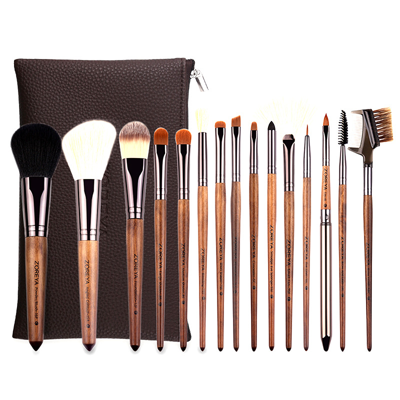 Zhuolya Nogal Negro al por mayor conjunto completo de herramientas de belleza de pelo de nylon cepillo suelto cepillo de maquillaje 15 pinceles de maquillaje traje