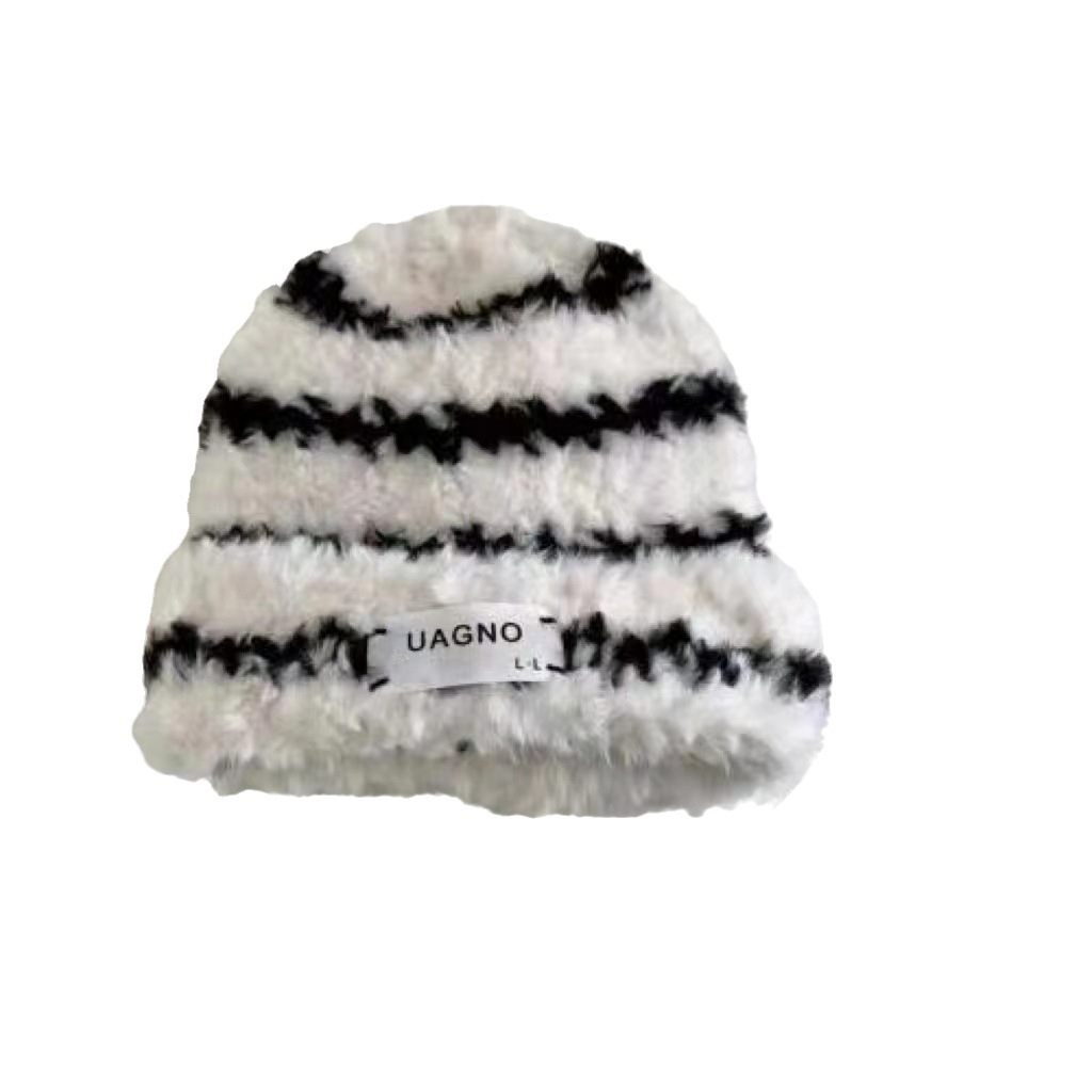Nouveau chapeau en laine automne et hiver femmes polyvalent tricoté bandeau à rayures montrer petit visage et garder au chaud en peluche chapeau froid grand bandeau_voghion.com