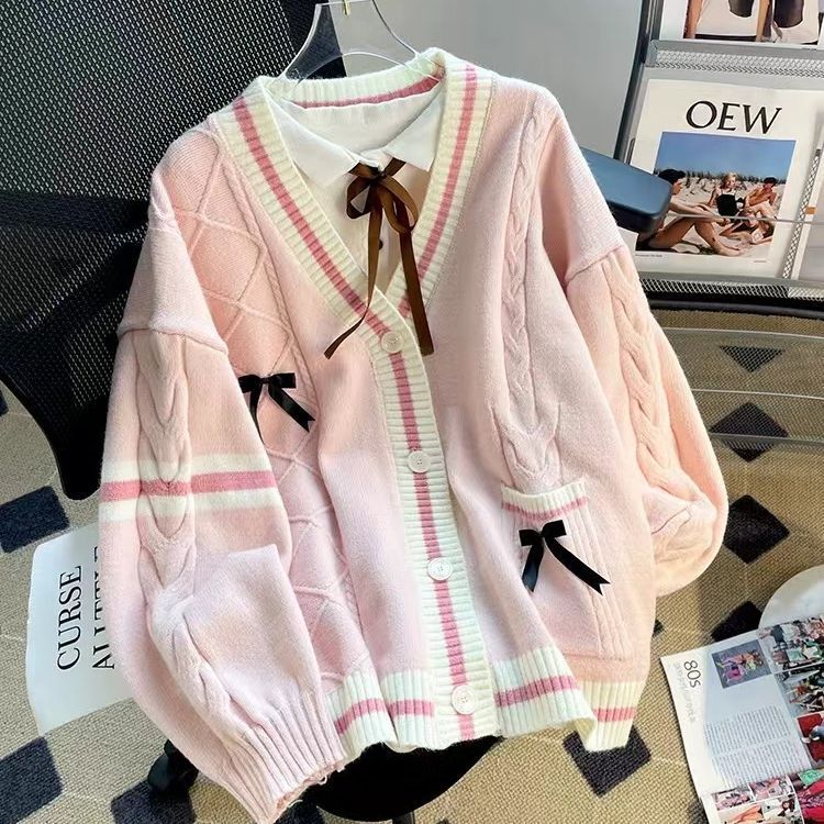 Bow Sweater Jacket for Women in Autumn and Winter Loose 2025 New Style Lazy Style Design Age-Reducing Japanese Style Knitted Cardigan Bow Sweater Jacket for Women in Autumn and Winter Loose 2025 New Style Lazy Style Design Age-Reducing Japanese Style Knitted Cardigan