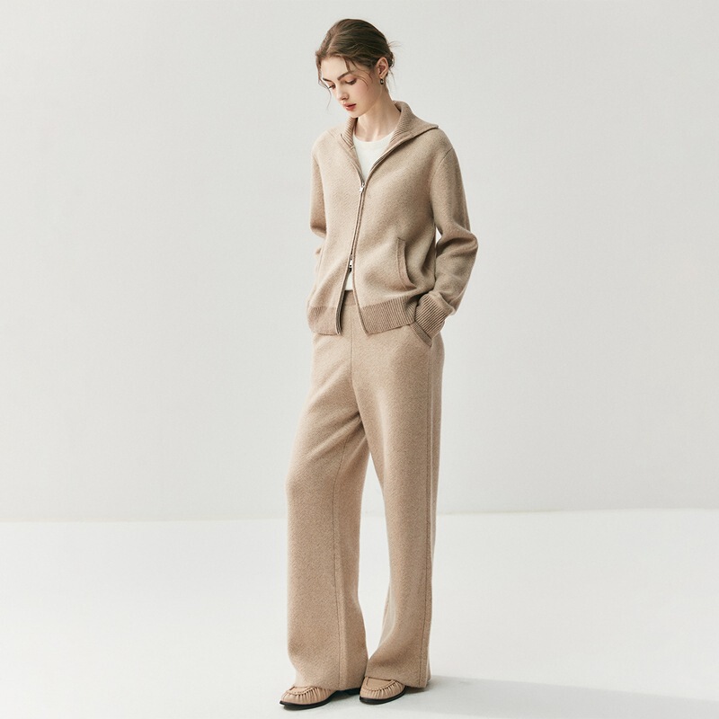 Elegant Zipper Cashmere Cardigan Casual Slimming Knit Set 2025 Autumn/Winter New Thick Coat Wide-Leg Pants for Women