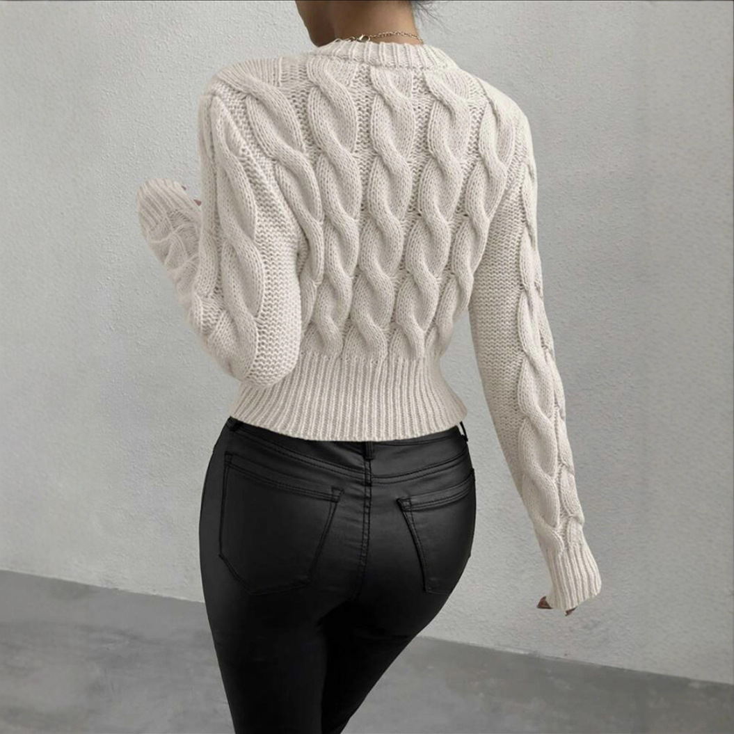 Streetwear Knit Sweater Women’s Oversized Cable Pullover – Winter Trendy Drop-Shoulder Jumper In Black/White/Taupe (S-XL)_voghion.com