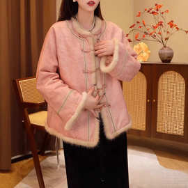 新中式复古国风拼接毛边棉服2025冬季新款复古休闲外套双面穿上衣