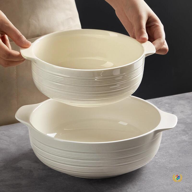 Ceramic White Double-Handle Soup Bowl, Simple Large Bowl, Japanese-Style Ramen Bowl, Pickled Fish Bowl, Household Large Capacity Bowl, Plate Ceramic White Double-Handle Soup Bowl, Simple Large Bowl, Japanese-Style Ramen Bowl, Pickled Fish Bowl, Household Large Capacity Bowl, Plate