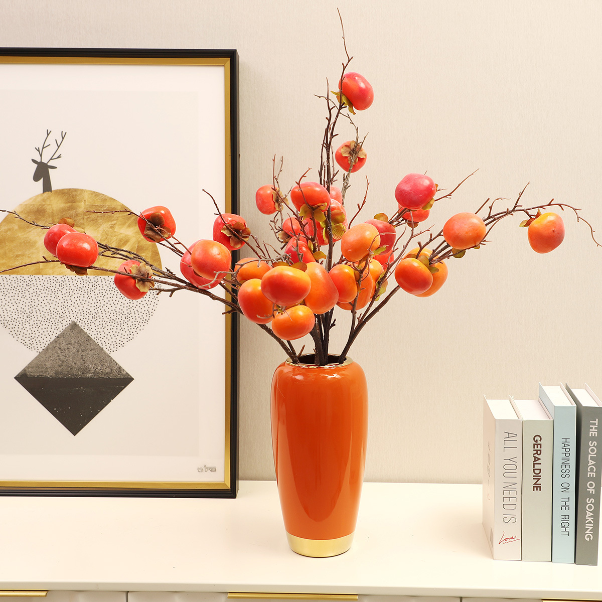 Lan Kwai Fong simulated 7 fruit persimmon branches, home living room entrance decorative flowers, simulated berry floral soft furnishings