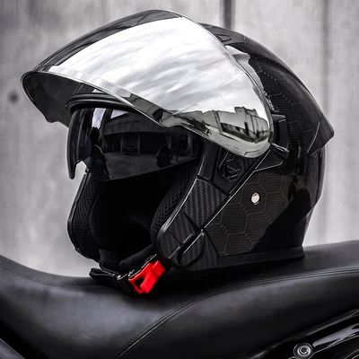 Motosiklet kaskı (dəbilqə) — half helmet for scooters and motorcycles - carbon-fiber-pattern-silver-plated-mirror-free-high-definition-mirror-l58-59-head-circumference