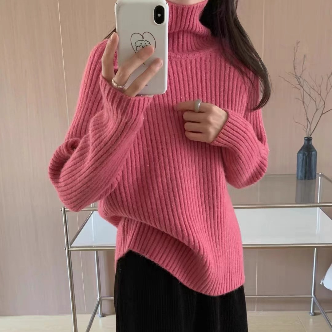 Viento perezoso cuello alto agujero delgado suéter de seda brillante diseño de color sólido delgado camiseta de punto de fondo de invierno de otoño chaqueta