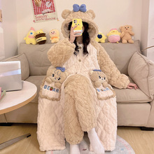 睡袍珊瑚绒三层夹棉冬季款保暖加绒加厚女士中长袍浴袍法兰绒套装