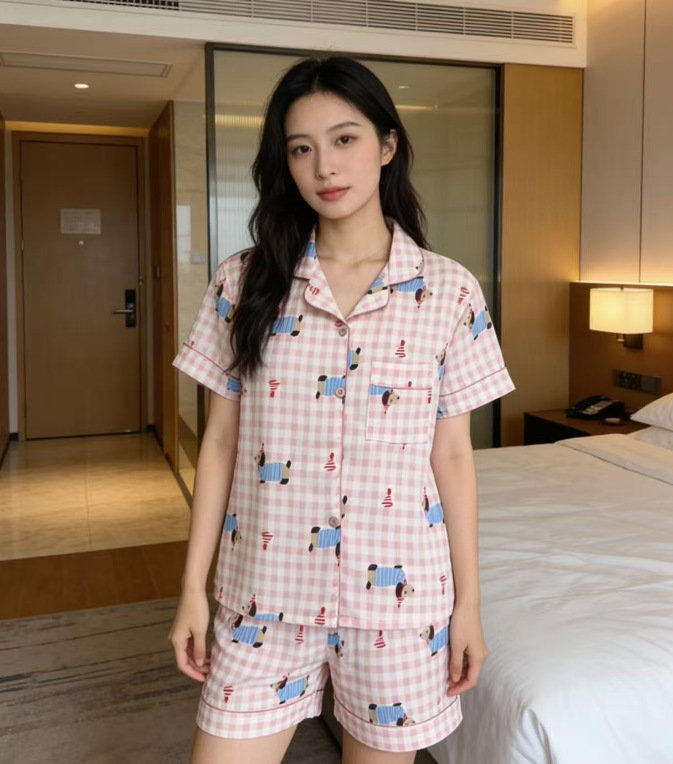 Pijamas de algodón nubes al por mayor transfronterizos de mujeres pantalones cortos de mangas cortas de verano nuevos cardigans con solapas de dibujos animados lindos cubiertas de ropa para el hogar
