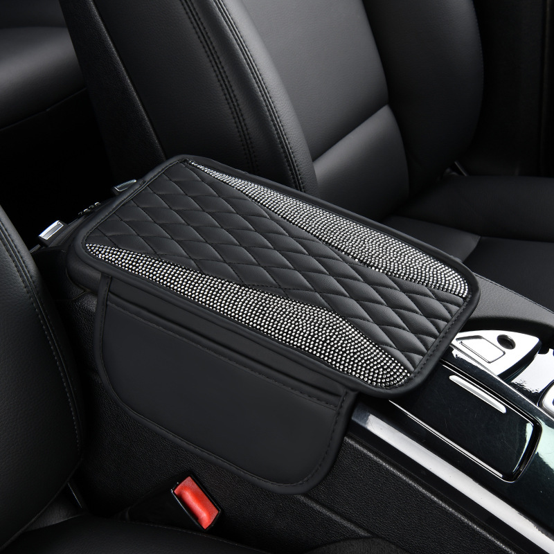 Manufacturer Shiny Diamond Car Armrest Box Pad Crystal Rhinestone with Side Pocket Interior Central Leather Elbow Protector Cover