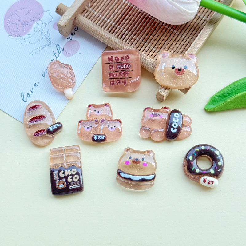卡通闪粉咖色小熊树脂diy饰品手机壳奶油胶贴片发饰配饰手工材料