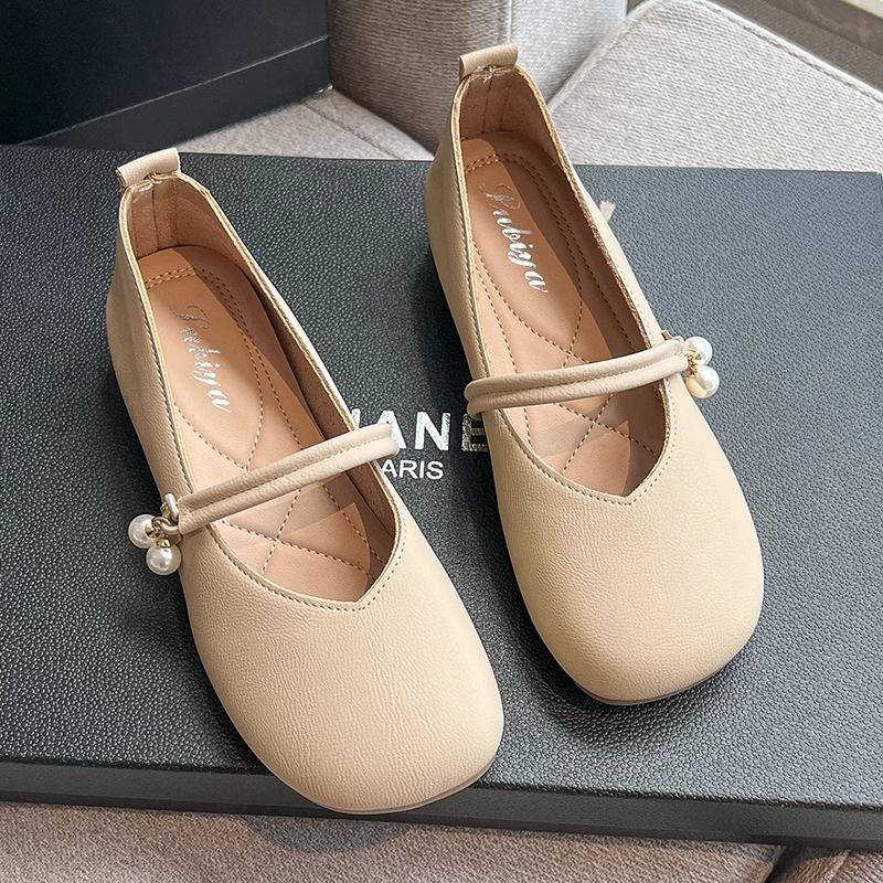 Zapatos de sola sola plana para mujeres 2024 nuevos zapatos de verano zapatos de abuela con falda de perlas de suela suave zapatos de embarazo Mary Pearl