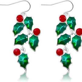 千稷韩春新潮长款爆款红色宝石樱桃绿叶甜美可爱耳环耳饰耳坠饰批