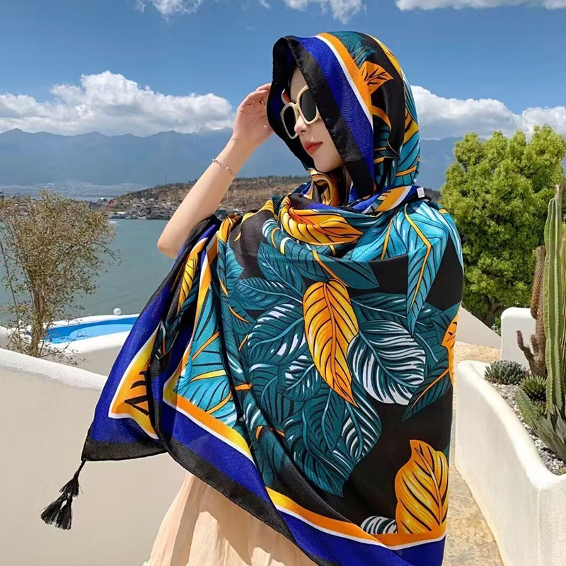 Sopa de satén de twill para mujeres 2025 bufandas de viento nacional de verano tibetanas bufandas de seda protector solar lago Qinghai turismo foto toalla de playa