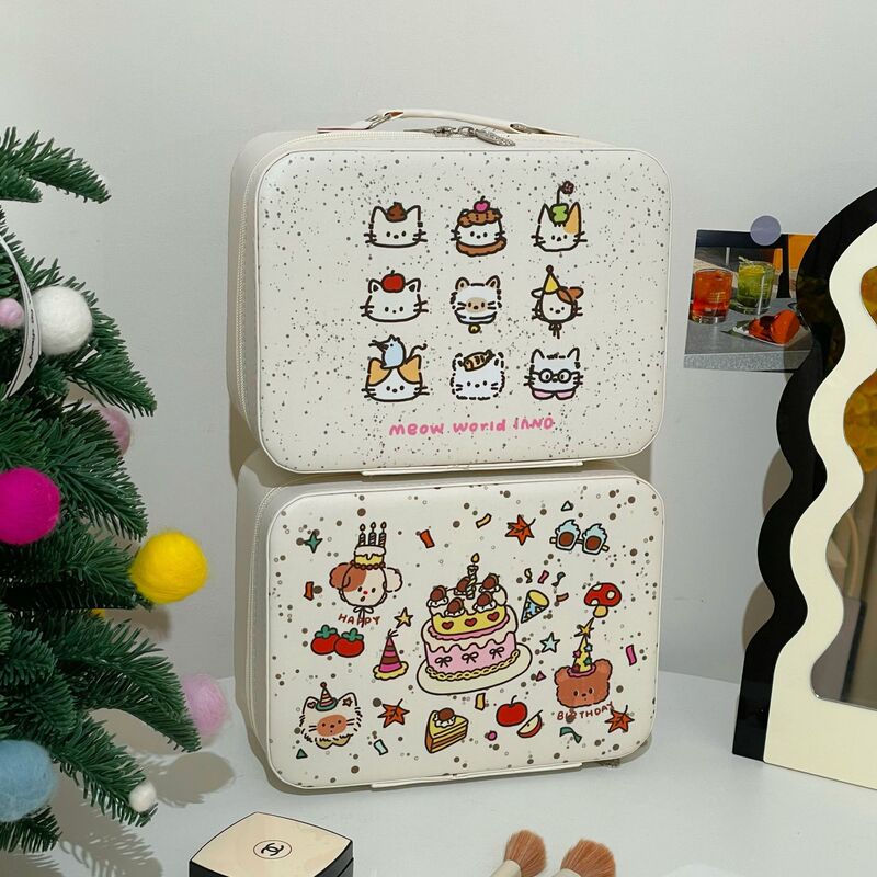 Spotted Cat Cosmetic Case PU Leather Storage Suitcase Portable Large Capacity Skin Care Business Travel Storage Cosmetic Bag
