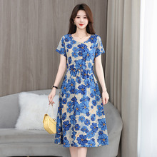 外贸棉绸印花连衣裙女夏装短袖中长款大码显瘦收腰大摆裙子