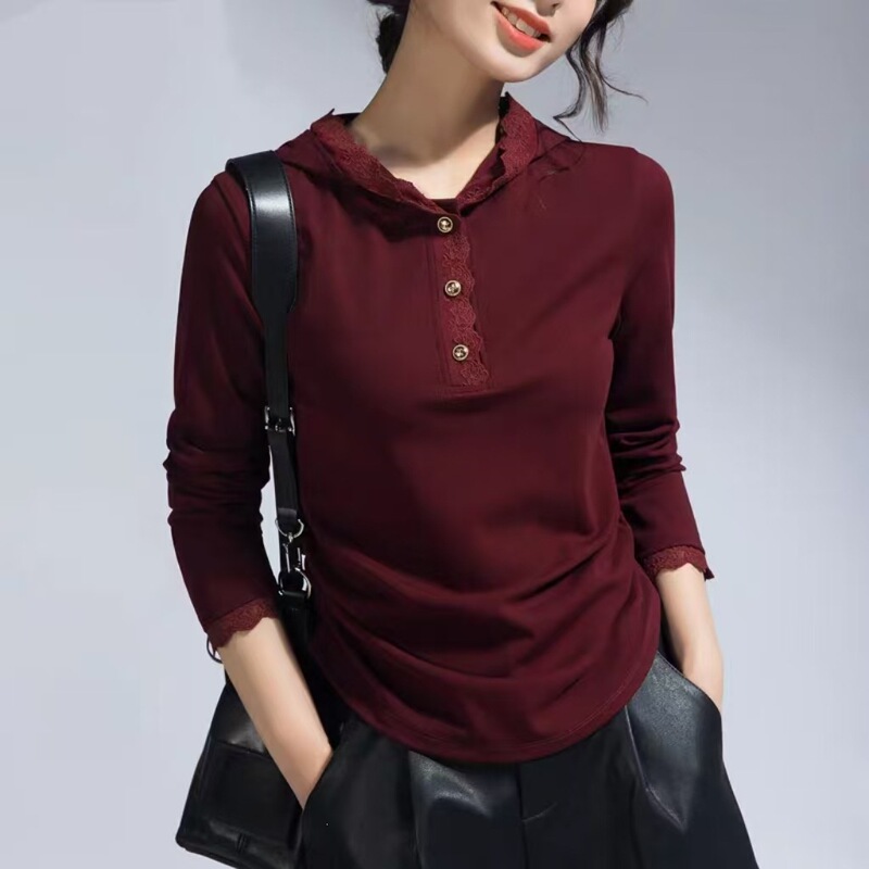 92% Cotton 8% Spandex T-Shirt with Lace Hood and Long Sleeves, Spring 2026 New Stylish Loose Solid Color Base Layer Top 92% Cotton 8% Spandex T-Shirt with Lace Hood and Long Sleeves, Spring 2026 New Stylish Loose Solid Color Base Layer Top
