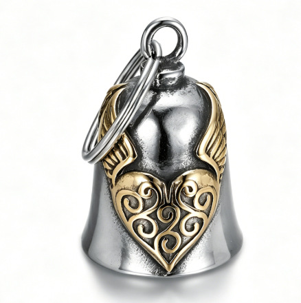 Campana de ala en forma de corazón de acero inoxidable, estilo europeo y americano, personalizada, retro, negra, para motocicleta, con diseño de ángel de la guarda.
