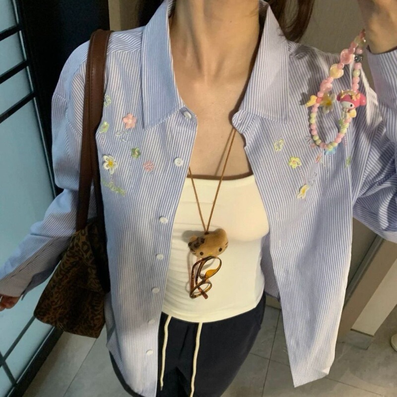 【Original Cotton Quality】Blue Striped Long Sleeve Shirt for Women 2026 Loose Oversize Versatile Sun Protection Top 【Original Cotton Quality】Blue Striped Long Sleeve Shirt for Women 2026 Loose Oversize Versatile Sun Protection Top