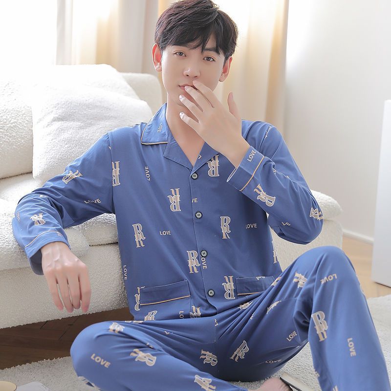 100% pijamas de algodón para hombres de verano de manga larga y corta para hombres delgados jóvenes y de mediana edad más el tamaño de primavera y otoño traje de uso en el hogar