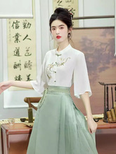 夏季新中式新款立领重工刺绣喇叭袖衬衫配马面裙气质古典好看上衣