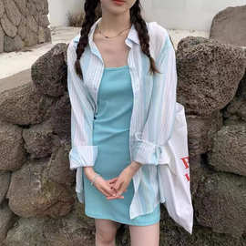 外贸批发美式薄款条纹衬衫女2024中长开衫衬衣上衣长袖休闲百搭