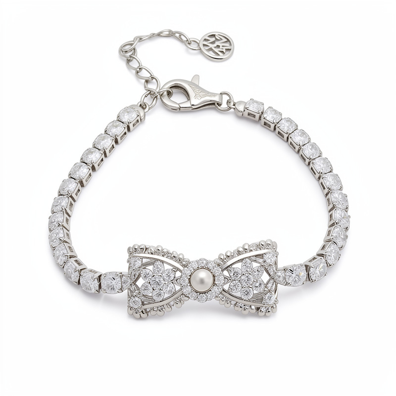Zircon plata perla pulsera arco pulsera de moda coreana dulce y fresco pulsera de lujo ligera alta sensación de joyas de mano versátiles mujeres