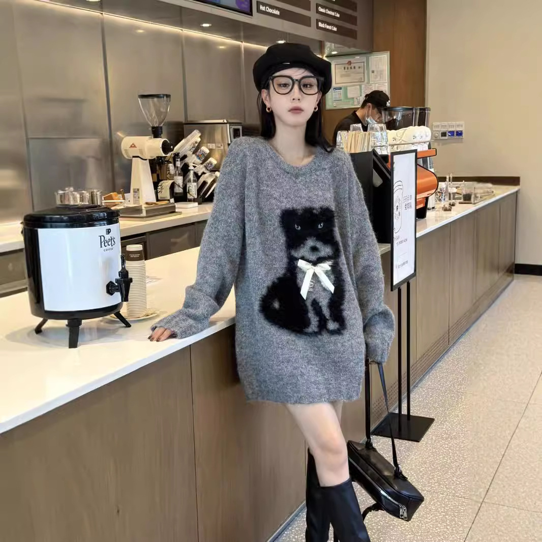 24 invierno Puyuan 2024 nuevo gatito lindo Jacquard peluche suéter de manga larga mujer otoño invierno