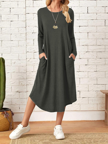 Amazon AliExpress Cross-border Foreign Trade 2025 Autumn/Winter Women's Hot Selling Long-length Curved Hem Round Neck Dress