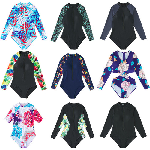Elegant European and American Floral Print One-Piece Sun Protective Swimsuit for Women, Diving Suit, Fashionable Swimwear and Surfing Suit