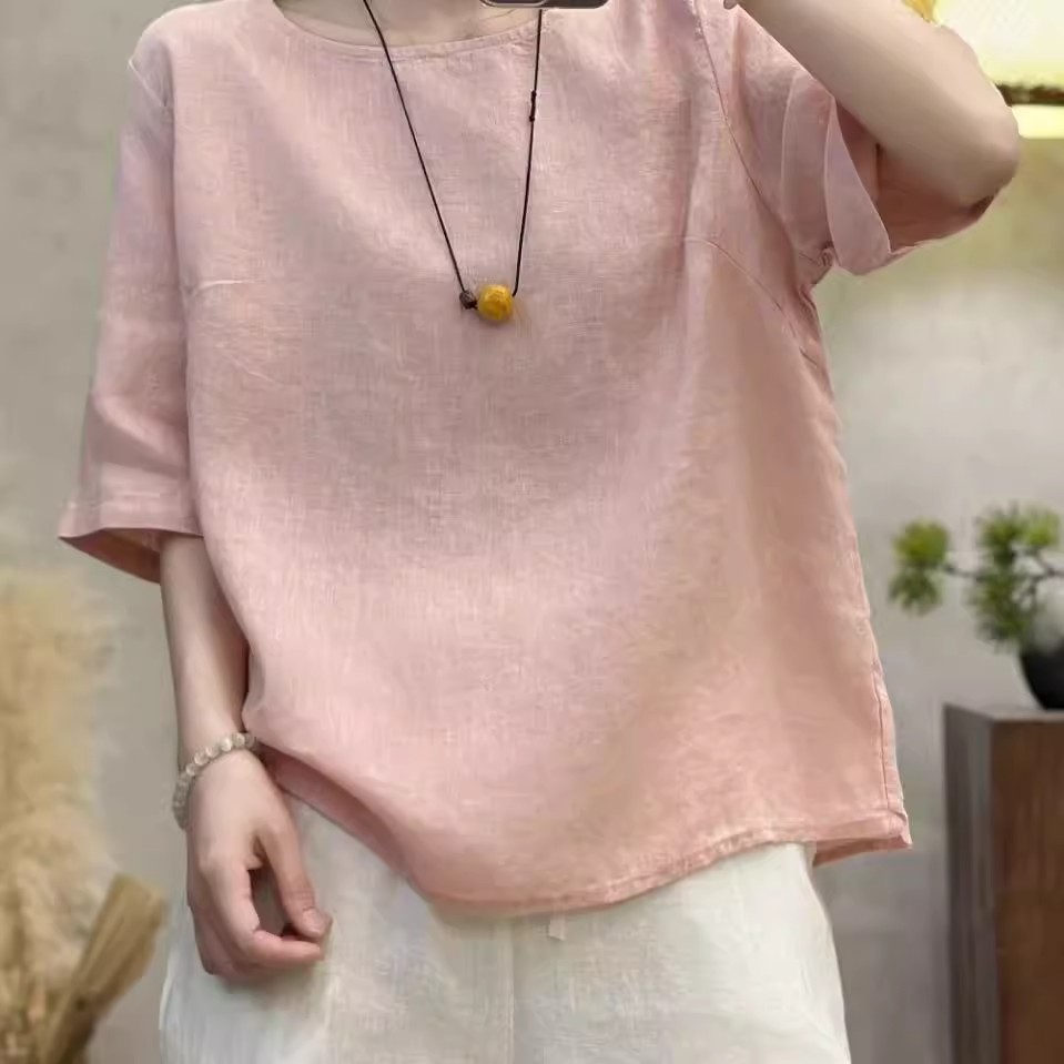 여성을위한 코튼과 린넨 반팔 티셔츠 2025 여름 새로운 스타일 루즈 캐주얼 다목적 통기성 탑 솔리드 컬러 라운드 넥 풀오버 셔츠