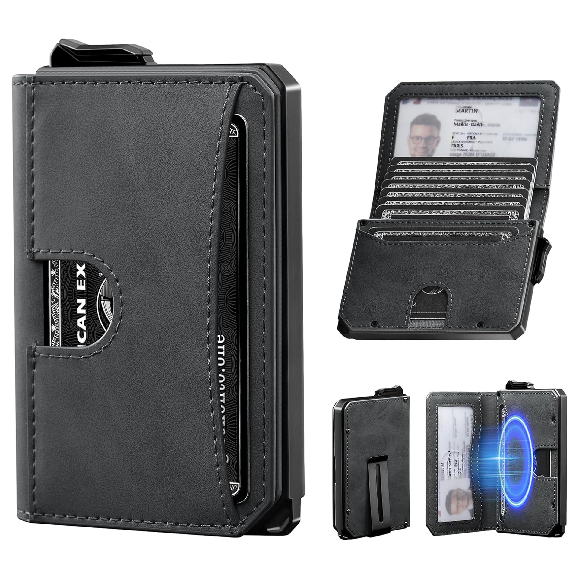 Amazon RFID cepillo antirrobo multifuncional billetera doble flip caja de tarjetas metálicas gran capacidad billetera de cuero para hombres