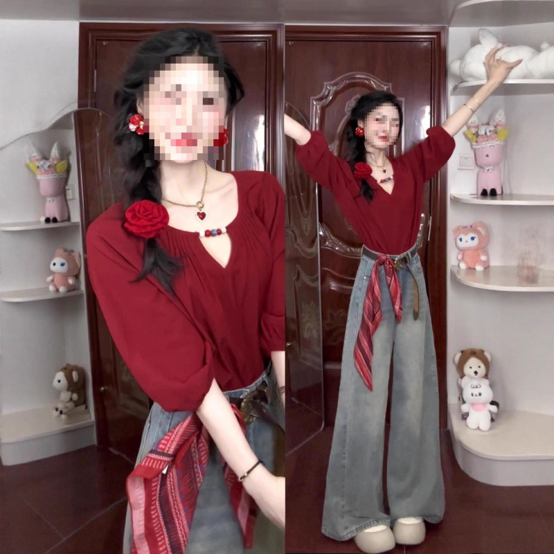 套装女2025早秋新款法式复古红色灯笼袖设计感衬衫高腰显瘦阔腿裤|undefined