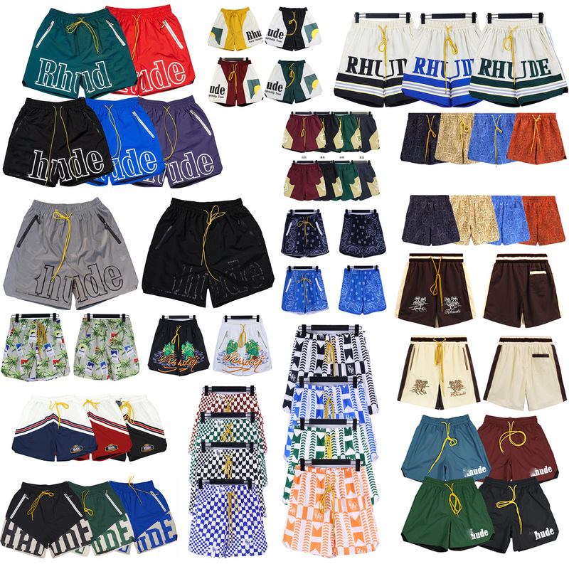 Cross-Border Foreign Trade In-Stock Rhude Shorts with Letter Print, Casual Color-Blocking, Loose High Street Fashion Brand, Five-Point Beach Shorts