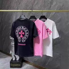 Authentic Chrome Hearts 23SS Embroidered Colorful Classic Cross and Horseshoe Leather Patch Studded Short-Sleeve T-Shirt