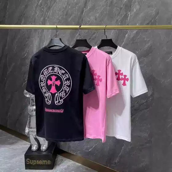 Authentic Chrome Hearts 23SS Embroidered Colorful Classic Cross and Horseshoe Leather Patch Studded Short-Sleeve T-Shirt