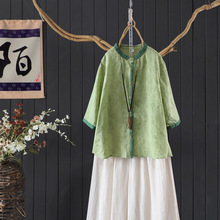 文艺浅纹印花烫金撞色立领五分袖衬衫上衣女夏100%细苎麻茶服麻衫