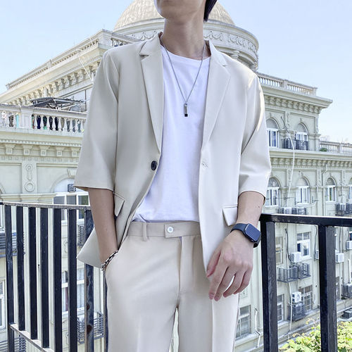 Summer men's seven-sleeve suit set, elegant coat, thin casual blazer, versatile nine-point pants for men