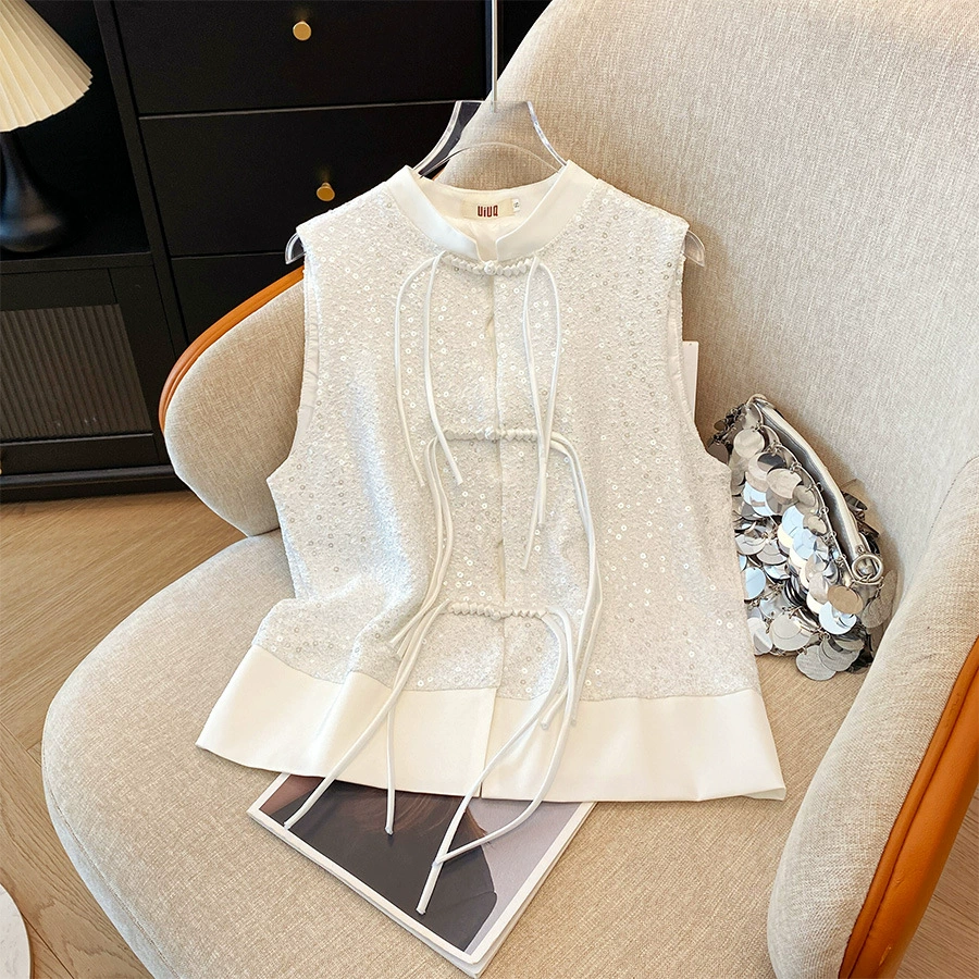 Новый летний китайский стиль, улучшенный национальный тренд, ручная работа, маленький воротник-стойка, высококачественный жилет с блестками, топ, жилет