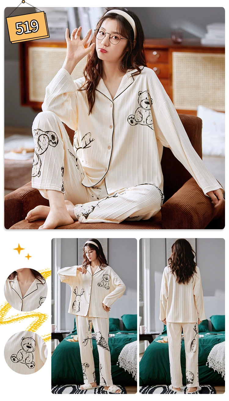 pyjamas for women SLPBELY Women Pajamas Set Homesuit Spring Cartoon Turn Down Collar Long Sleeve Nightwear Sleepwear Sleepwear Homewear Pyjamas silk pajamas