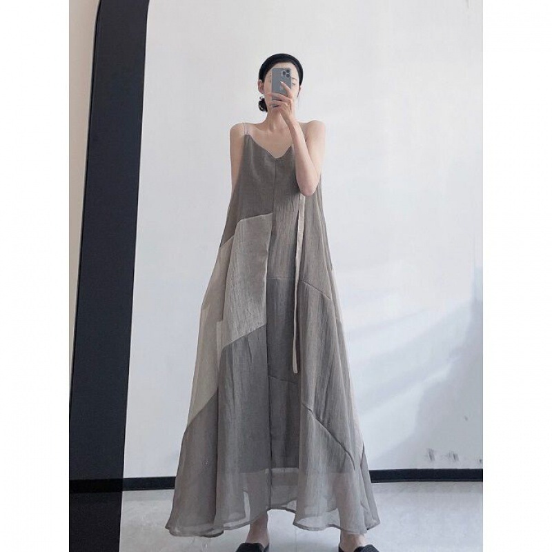 Vintage Artistic Contrast Color Irregular Super Long Slip Skirt Ice Linen Breathable Ankle Sleeveless dress Women's Summer Cash