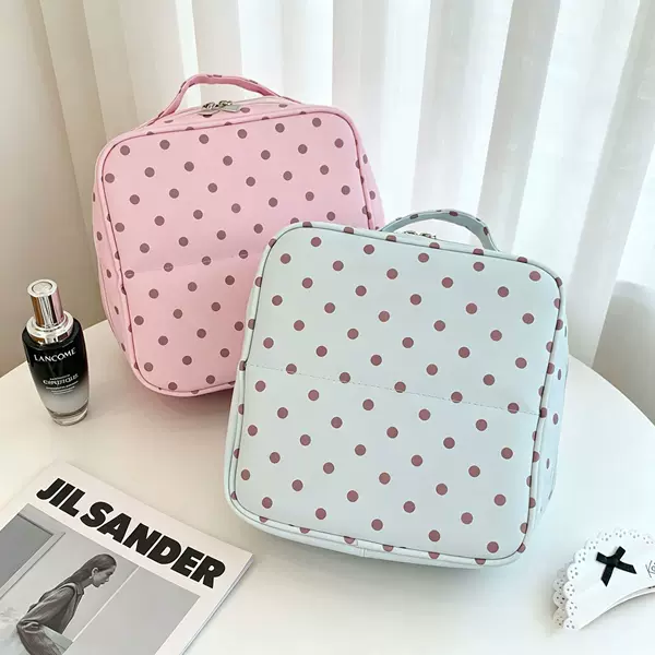 Polka Dot Multifunctional Folding Makeup Bag with Large Capacity, Mirror, Storage Compartments, Portable Makeup Travel Toiletry Bag