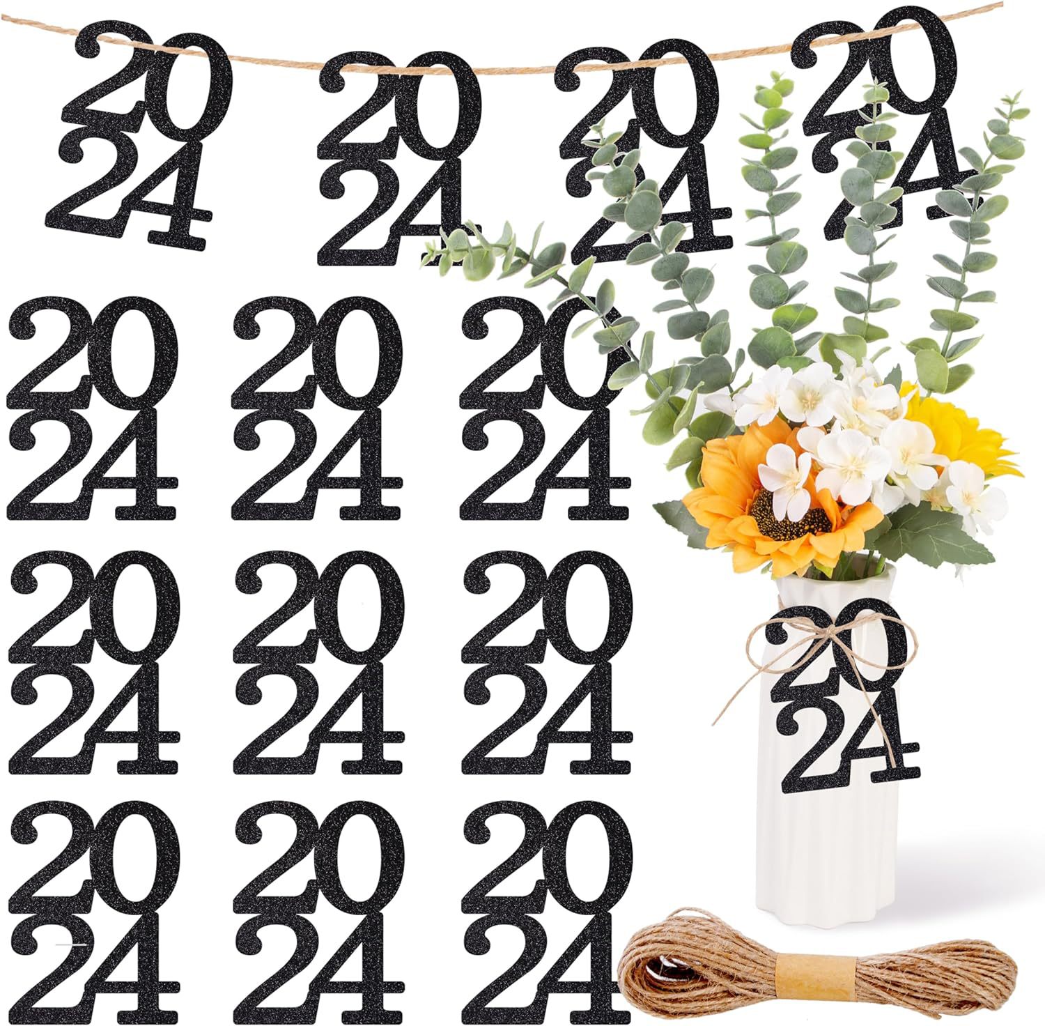 24 piezas de brillo negro cinta de doble cara 2024 decoraciones temporada de graduación suministros de fiesta corte de papel pull bandera transfronteriza Venta caliente