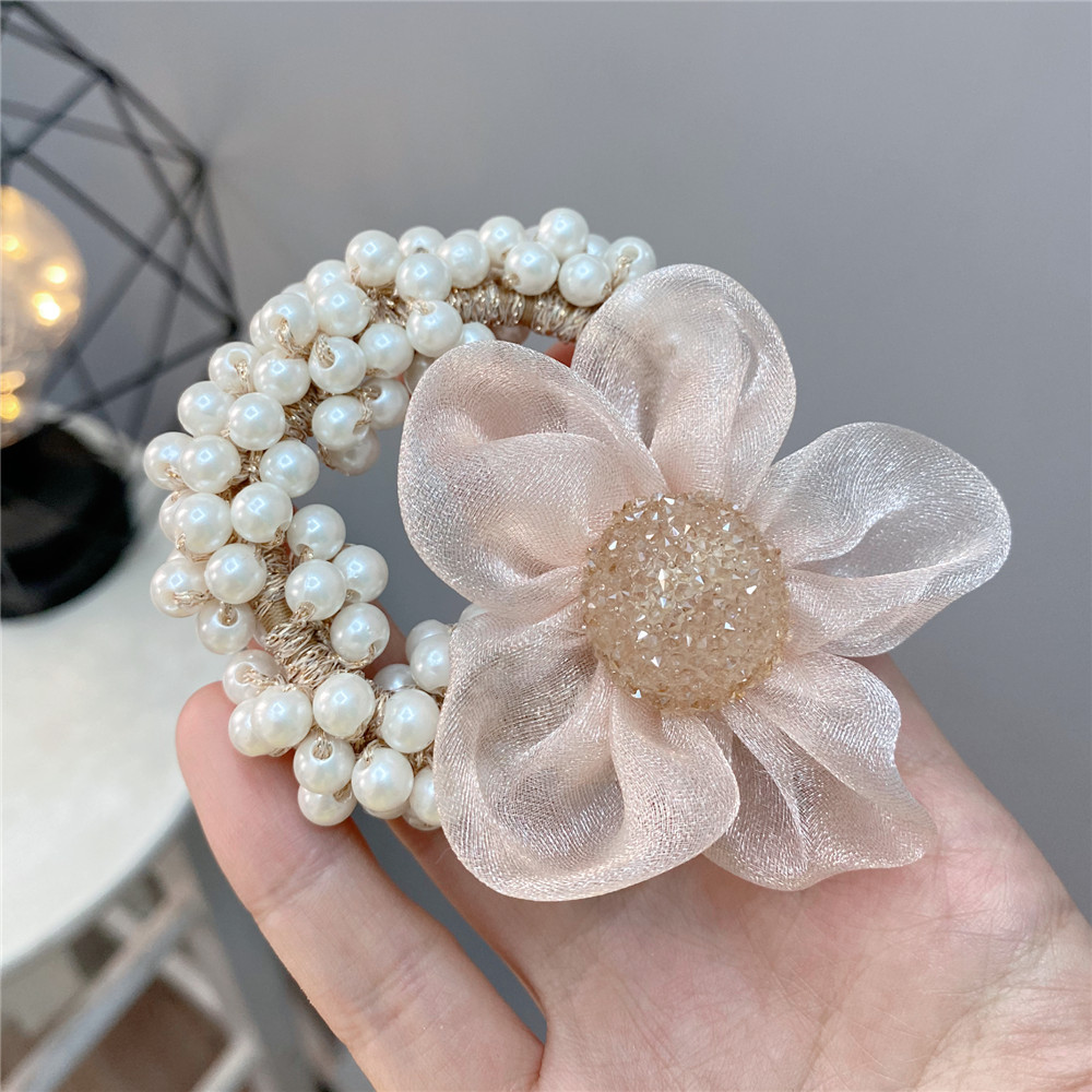 Sweet Style Rhinestone Ball Organza Flower Pearl Hair Ring Hair Accessories display picture 4