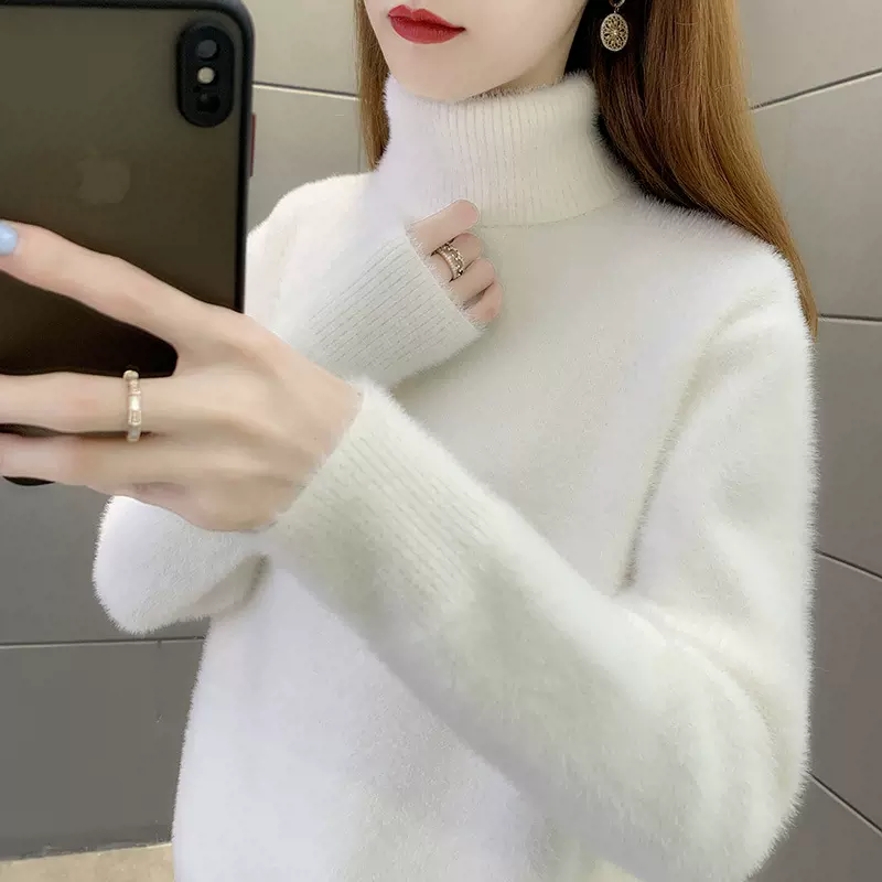 高领毛衣女2024秋冬新款加厚水貂绒内搭打底衫套头宽松针织衫