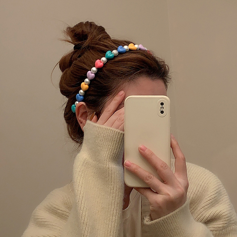 Colorido en forma de corazón de media cara diadema de perlas fresca dulce niña corazón tocado temperamento de alto grado todo partido nuevos accesorios para el cabello