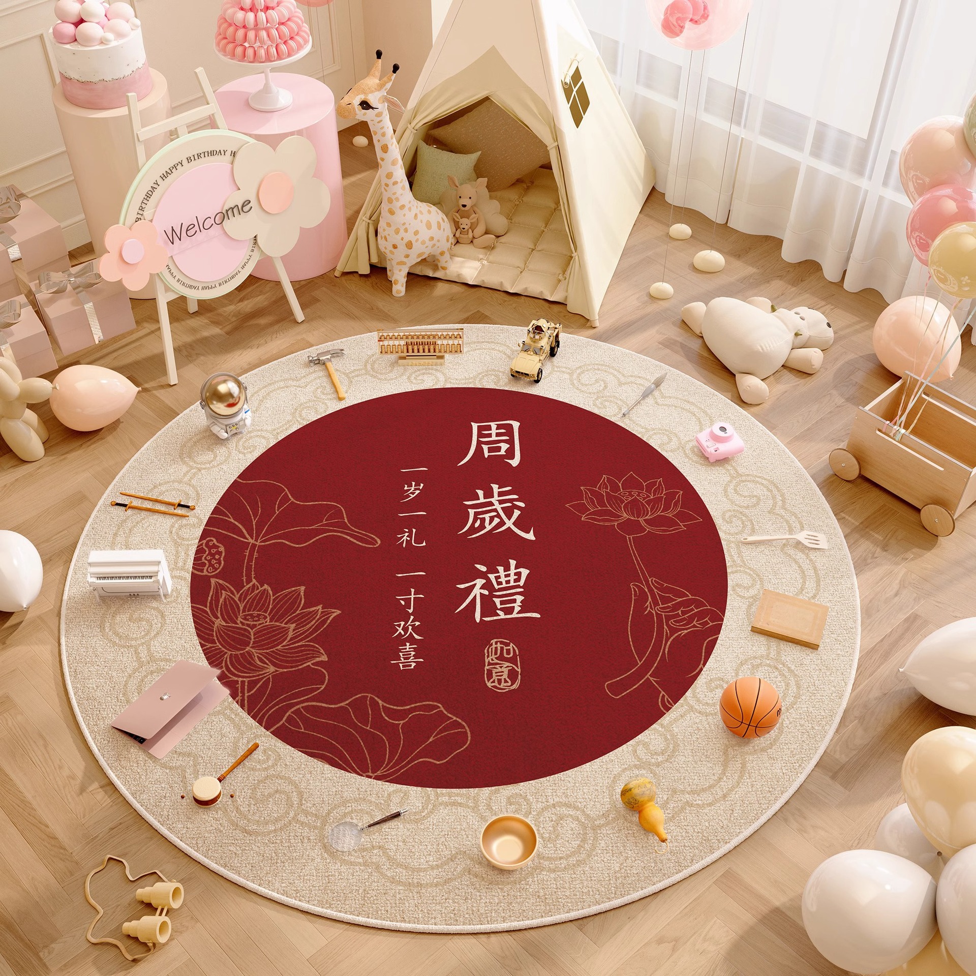 Casi alfombra de un año alfombra de cumpleaños props de diseño dragón bebé raspar la alfombra de la sala de estar para niños almohadilla redonda roja