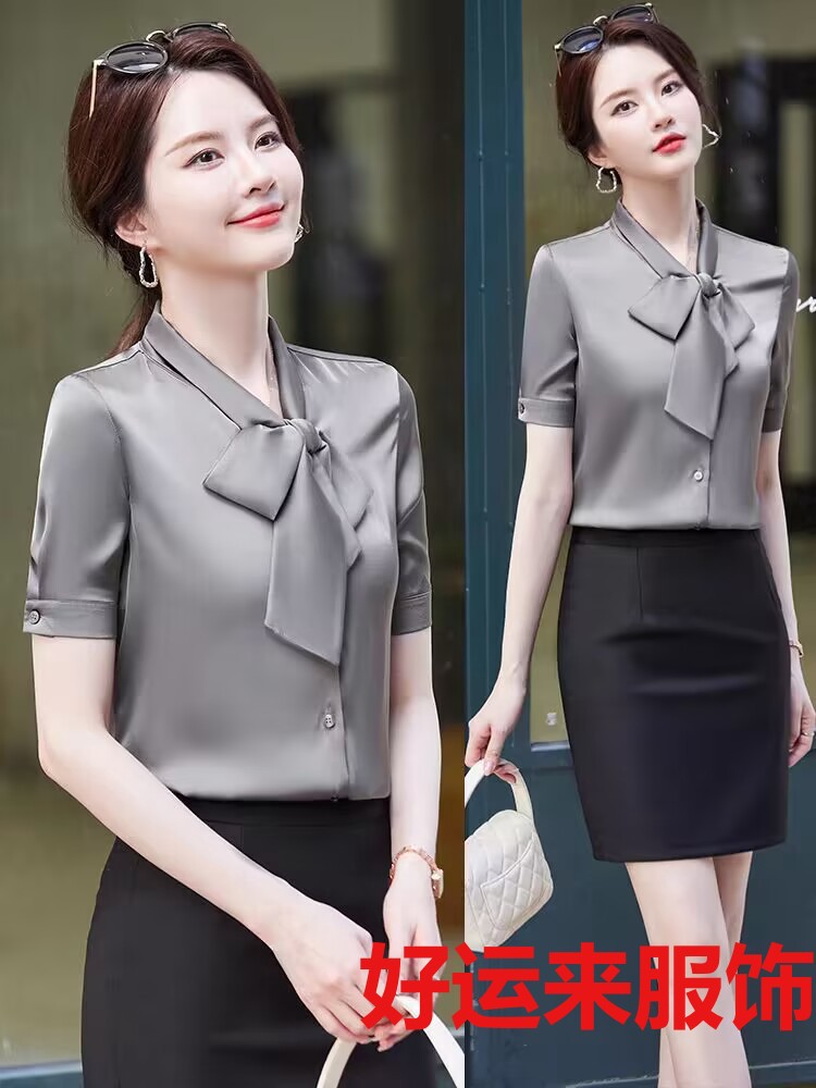 Summer fitted white professional elite elegant shirt with bow
