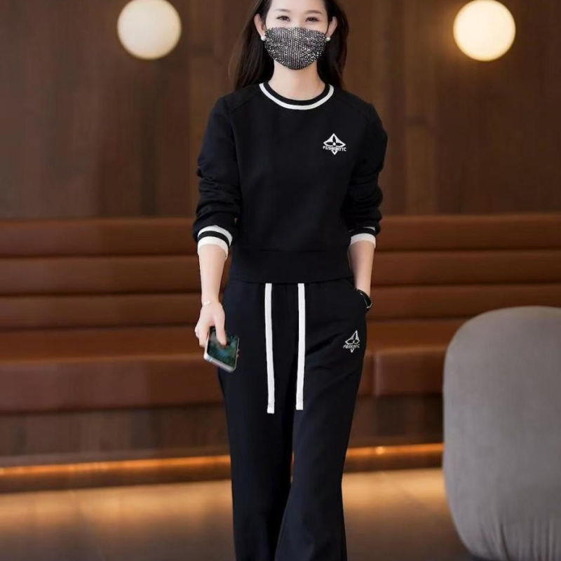 休闲运动套装女2025春秋新款韩版圆领宽松加绒加厚卫衣时尚两件套|undefined